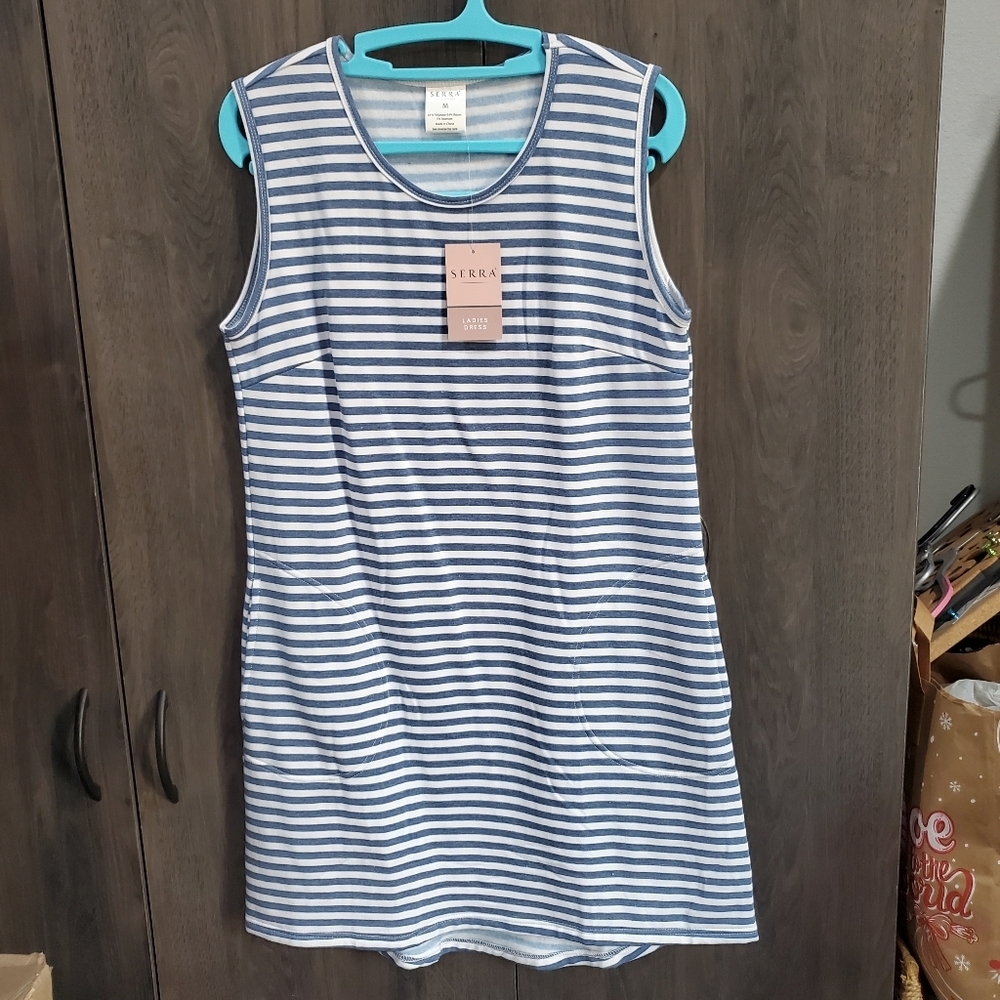 Serra Ladies Mini Dress Size M NEW Blue White Stripes Darts Pockets